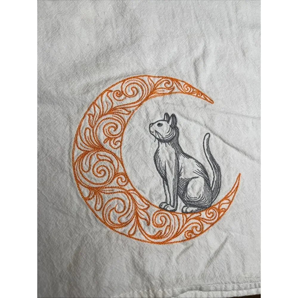 Gray Cat In Orange Moon Celestial Cotton Embroidered Flour Sack Kitchen Towel